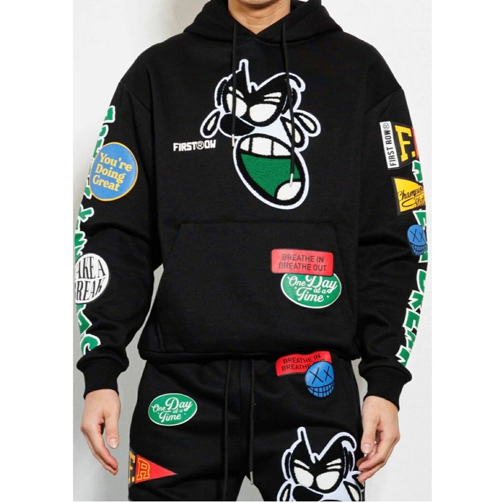 First Row Men's Embroidered Seek Inner Peace Black Pullover Hoodie New